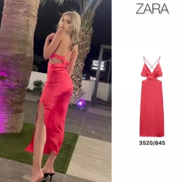 Zara Satin Effect Cut Out Midi Dress Coral Pink - Picture 8 of 10